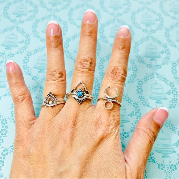 Boho Goddess Turquoise Moon Silver 4pc Ring Set - Picture 2 of 6